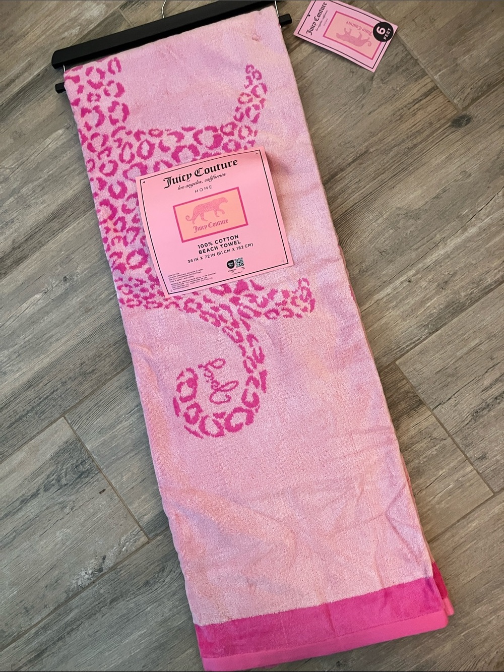 🎀Juicy Couture beach towel leopard print 6 ft long pink leopard on front NWT